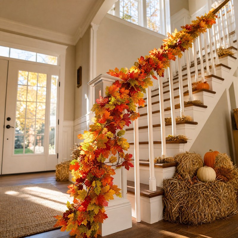 Autumn Maple Leaf Garland - Fall Decor for Fireplace, Staircase & Doorway - Orange P