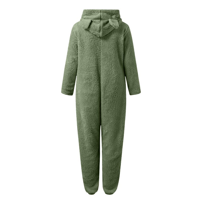 Women's Fleece Pajama Jumpsuit with Ear Hood - Army Green XXL