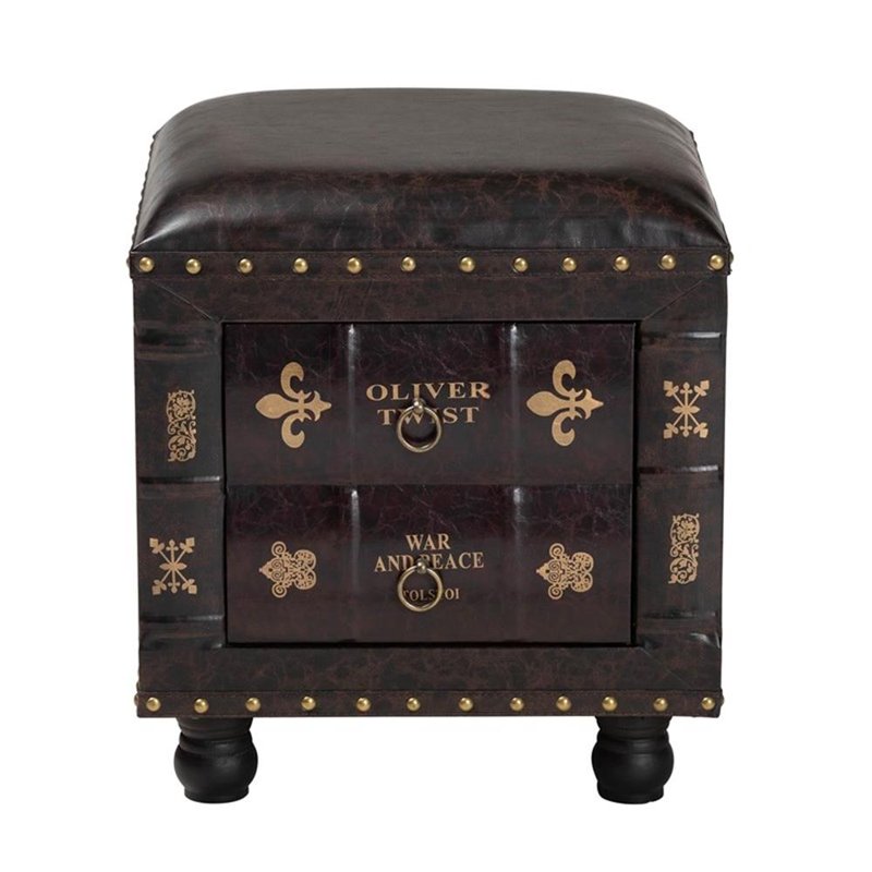Rustic Faux Leather Storage Ottoman with Book Spine Drawer