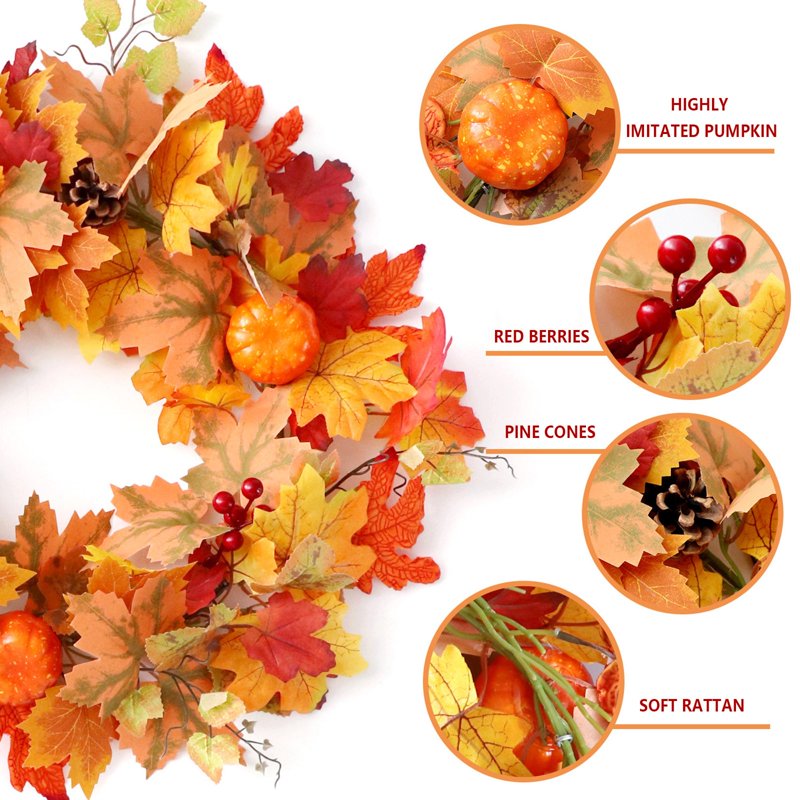 Fall Wreath Front Door Autumn Harvest Halloween Decoration with Pumpkins & Berries