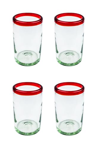 Tumblers, Red Rim, Set of 4, 16 oz, Hand Blown by Mexican Artisans from 100% Recycled Cola Bottles, Eco-Friendly, Sustainable, Expert Craftsmanship, passed down through Family Generations