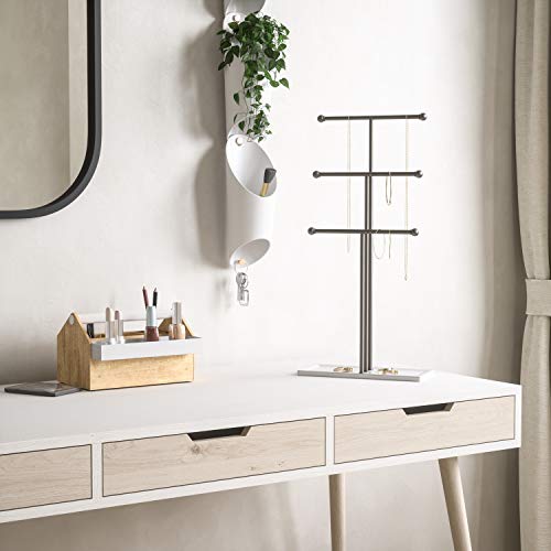 Umbra Trigem Hanging Jewelry Organizer Tiered Tabletop Free Standing Necklace Holder Display, White/Nickel