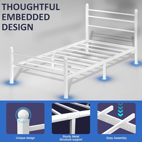 J.Fkne Twin Bed Frame with LED Lights & Charging Station, Metal Platform Bed with Headboard, Heavy Duty Metal Slats, No Box Spring Needed, Noise Free, Easy Assembly, White