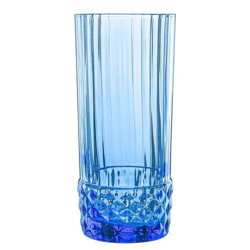 Bormioli Rocco America '20s Set Of 6 Cooler Glasses, 16.5 Oz. Colored Crystal Glass, Sapphire Blue, Made in Italy.