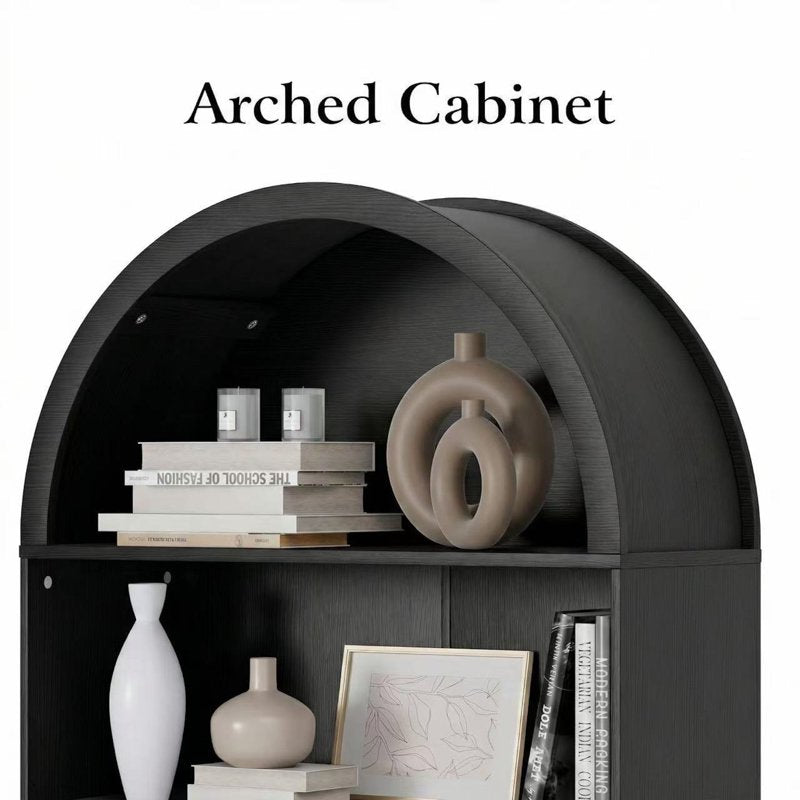 71" Tall Arched Bookshelf - 5-Tier Modern Farmhouse Bookcase with Sliding Doors