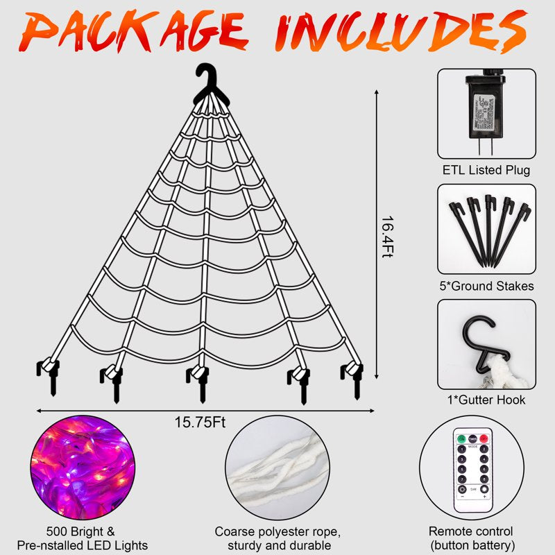 Outdoor Halloween Spider Web Lights - 16.4ft 500 LED String with Multicolor Purple Orange Glow