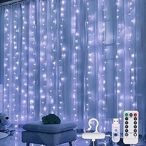 FUYO 300 LED Window Curtain String Lights - Waterproof Fairy Lights with 8 Modes for Bedroom, Party & Wedding Decor (White)