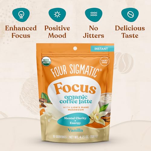 Four Sigmatic Vanilla Focus Mushroom Coffee Latte Plant-Based Organic Instant Latte with Lion’s Mane Mushroom for Focus and Mental Clarity Made With Just 6 Organic Ingredients 4.23 oz Bag