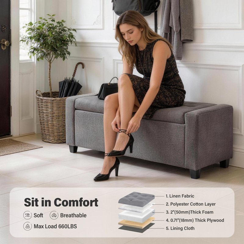 48" Upholstered Storage Ottoman Bench - Faux Linen, Multiple Colors