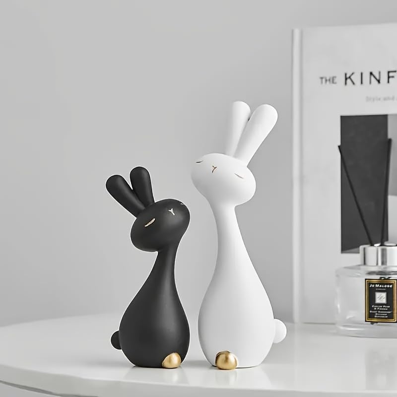 Skiennix Anime Style Resin Rabbit Statues - Black & White Bunny Figurines for Home Decor | Perfect Gift for Any Occasion