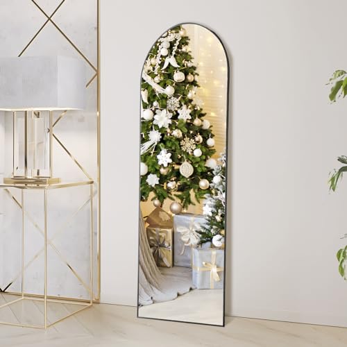 OLIXIS Arched Full Length Mirror 59"x16" for Bedroom, Full Body Mirror with Stand, Hanging or Leaning for Wall, Aluminum Alloy Thin Frame Floor Standing for Living Room, Tall, Black