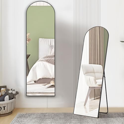 OLIXIS Arched Full Length Mirror 59"x16" for Bedroom, Full Body Mirror with Stand, Hanging or Leaning for Wall, Aluminum Alloy Thin Frame Floor Standing for Living Room, Tall, Black