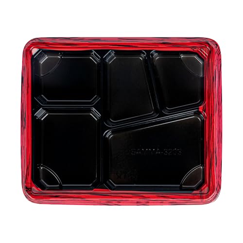 Restaurantware-Bento Tek 18.3 Ounce Meal Prep Containers, 100 Disposable To Go Food Boxes - Lids Sold Separately, 5 Compartments, Red And Black Plastic Bento Lunch Boxes, Freezable, For Take Out