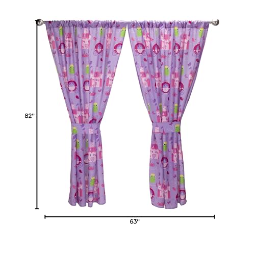 Pink Princess Drapes for Girls Bedroom Castles, Frogs and Chariots; 4-Pc Princess-Themed Kid Curtains with 2 Panels 82" x 63" Total Size and 2 Tiebacks; Fairyland Classroom and Nursery Curtains