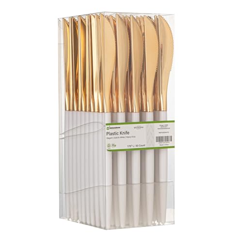 Restaurantware-Moderna 7.75 Inch Fancy Flatware, 500 Durable Plastic Flatware - With White Handle For Grip, Heavy-duty, Gold Plastic Knives, Serrated Edges Or Restaurants