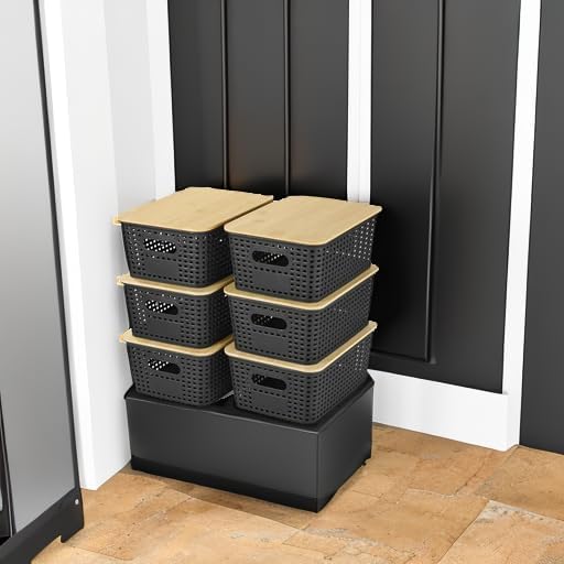 Ohmlove Plastic Storage Baskets - Stackable Containers with Bamboo Lid for Organizing | 6 Pack