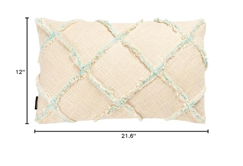 SAFAVIEH Home Collection Ashlin Beige/Teal Trellis Fringe 12 x 20-inch Rectangle Decorative Accent Throw Pillow (Insert Included) PLS6526J-1220, 12"x22"