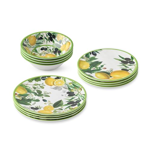 Limone 12-Piece Melamine Dinnerware Set - Citrus-Inspired, Service for 4, Durable, Shatterproof, Dishwasher-Safe Plates and Bowls for Everyday Dining, Outdoor Use, and Entertaining