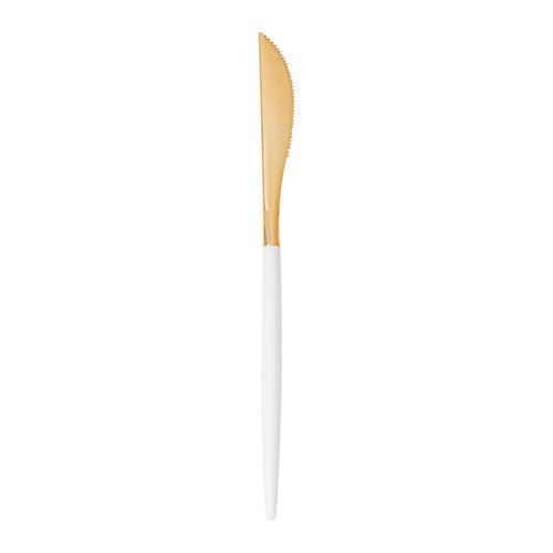 Restaurantware-Moderna 7.75 Inch Fancy Flatware, 500 Durable Plastic Flatware - With White Handle For Grip, Heavy-duty, Gold Plastic Knives, Serrated Edges Or Restaurants