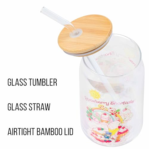 Silver Buffalo Strawberry Shortcake Featuring Lemon Meringue, Blueberry Muffin, and Pupcake Glass Jar Tumbler with Bamboo Lid and Glass Straw, 16 Ounces