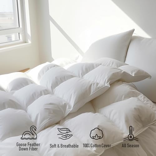 Luxurious Queen Size Goose Feather Down Fiber Comforter Duvet Insert,Fluffy Ultra-Soft 100% Cotton, Hotel Collection Comforter,56 oz Fill Weight, All Season Medium Warmth 90 x 90 Inch White Solid