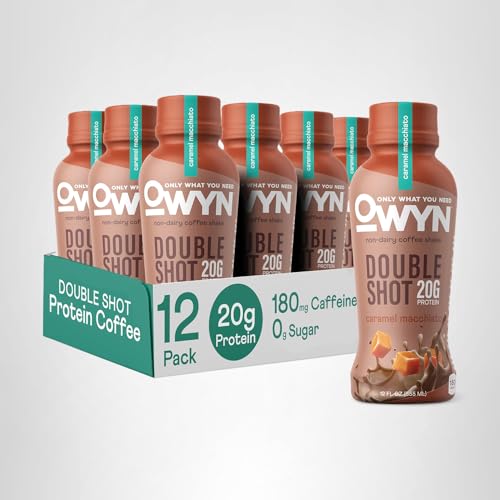OWYN Only What You Need Double Shot Dairy Free Keto Protein Coffee Shake, Caramel Macchiato, 0g Sugar, 20g Plant Based Protein, 180mg Caffeine, Gluten & Soy Free, Non-GMO, Vegan (12 Pack, 12 Fl Oz)