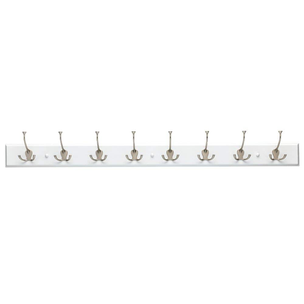 Franklin Brass Tri-Hook (1-Pack) 45" Coat Rack Wall Mount Pure White Hat Rack with 8 Hooks Hanging Hook Rail for Clothes, Towels, Purses, Bags, Kitchen, Entry, Closet Organization R33646K-PMN-R