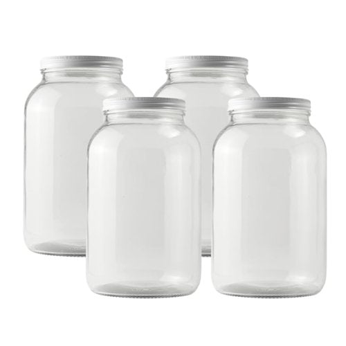 FastRack - One Gallon Wide Mouth Jar with White METAL Airtight Lid (Pack of 4) | Glass Canisters with Airtight Lids | Large Mouth Glass Jar with Fermentation Lid for brewing, fermentation and pickling