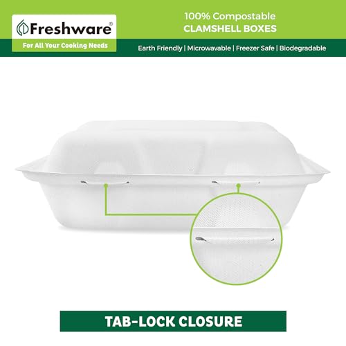 Freshware Compostable Clamshell Food Containers [8x8" 200-Pack] Disposable To Go Containers, Biodegradable Sugarcane To Go Boxes - Heavy Duty Paper Containers - Microwave & Freezer Safe, Stackable