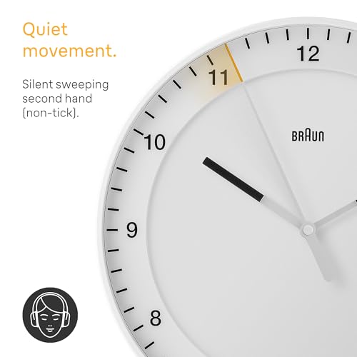 Braun Classic Large Analogue Wall Clock with Silent Sweep Movement, Easy to Read, 30cm Diameter in White, Model BC17W.