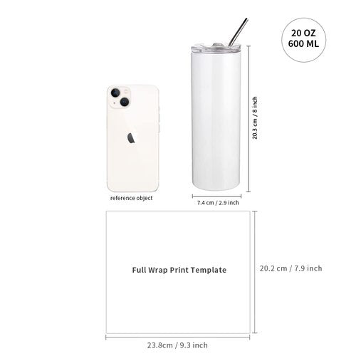 PYD Life 8 Pack Sublimation Tumblers Blanks 20 OZ Skinny White Straight Stainless Steel Cups with 10 PCS Shrink Wrap Film for Tumbler Press Machine Sublimation Oven Printing