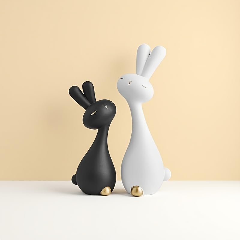 Skiennix Anime Style Resin Rabbit Statues - Black & White Bunny Figurines for Home Decor | Perfect Gift for Any Occasion
