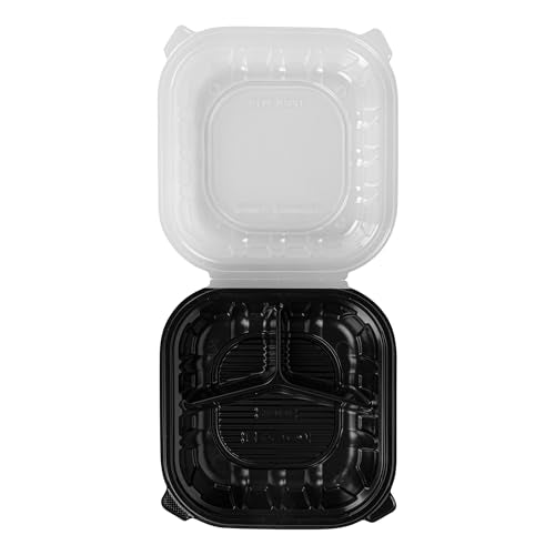 Thermo Tek 40 Ounce Clamshell Containers, 50 Disposable Take Out Boxes - 3 Compartments, Ventilated Lids, Black Plastic Meal Prep Containers, Microwavable, For Pasta Or Salads - Restaurantware