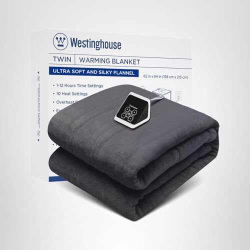 Westinghouse Heated Blanket, Electric Throw Blanket with 10 Heating Levels, 12 Hours Auto Off, Overheat Protection, Machine Washable, Flannel (Twin, 62x84 Inches, Charcoal)