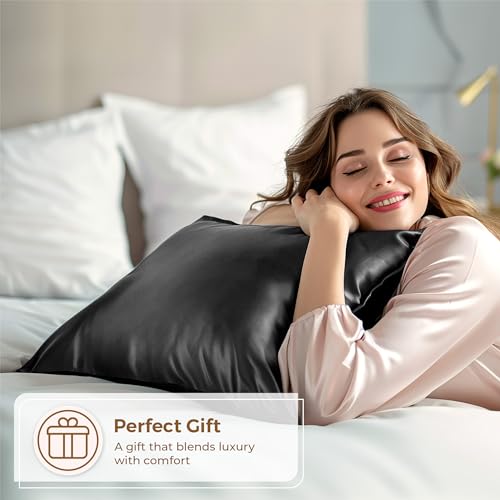 Pure Bedding Satin Pillowcase 2 Pack - Queen Size (20"x30", Black) - Silky Pillow Cases for Hair and Skin - Satin Pillow Covers with Envelope Closure - Extra Soft Premium Microfiber
