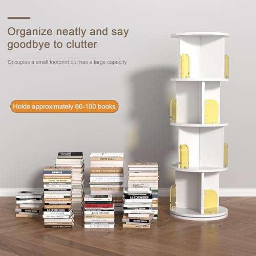 VECELO 4-Tier Rotating Bookshelf, Small Corner Bookshelf for Small Space, 360 Display Floor Standing Bookcase Storage Rack, Wood Narrow Book Shelf Organizer for Bedroom, Living Room, White