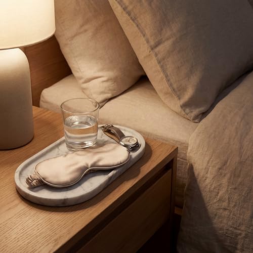 YKAJO 11.6" x 5.9" Oval Real Marble Tray for Bathroom & Kitchen Counter — 100% Natural Stone Decorative Vanity Tray for Dresser & Perfume — Heavy Catchall Organizer for Soap & Jewelry, White Gray