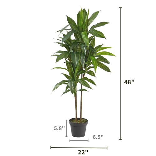 Nearly Natural 48in Artificial Dracaena with Real Touch Leaves and Multi Tonal Trunks, Large Indoor Silk Plant with Pot, Maintenance Free for Indoor Living Room and Home Office Decor