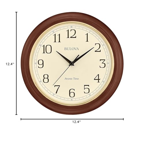 Bulova Atomic Time 2 Analog Wall Clock C5004 | 12.4" Wooden Frame, Sets Time Automatically | Quartz Movement | Battery Operated | Classic Design