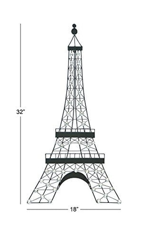 Deco 79 Metal Eiffel Tower Home Wall Decor 3D Wire Wall Sculpture with Crystal Embellishments, Wall Art 18" x 1" x 32", Black