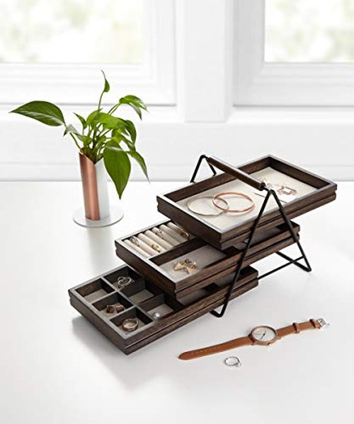 Umbra 1004037-048 Terrace Jewelry Tray – Three-Tier Jewelry Tray With Three Sliding Linen Lined Wood Trays With Metal Frame and Handle, Easy Storage and Access, Black/Walnut Finish