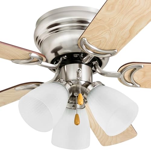 Prominence Home Whitley, 42 Inch Traditional Flush Mount Indoor LED Ceiling Fan with Light, Pull Chain, 5 Dual Finish Blades, Reversible Motor - 50863-01 (Satin Nickel), Bright Brass
