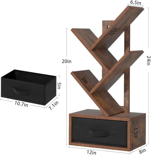 Simple Deluxe 4-Tier Tree Bookshelf with Drawers, Compact Corner Bookcase with Storage Cabinet & Open Shelves, Rustic Brown Small Space Storage Solution for Living Room/Study/Hallway