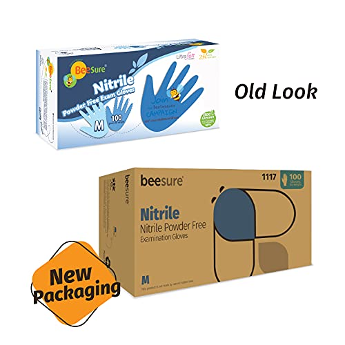 BeeSure BE1116case Powder Free Exam Gloves, Nitrile, BeadedCuff, Small, Blue (Pack of 1000)