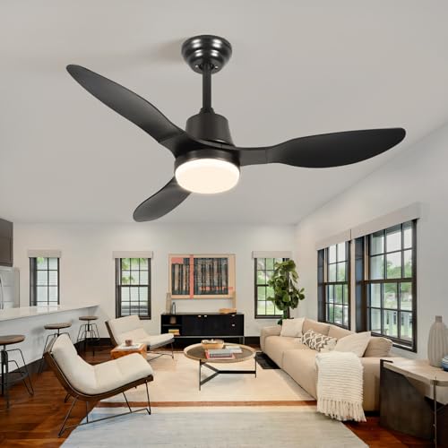 42 Inch Smart Ceiling Fans with Lights Remote LED Dimmable,Outdoor Indoor Modern Ceiling Fan Controlled by WiFi Alexa App,FCC Quiet DC Motor,3 Black Blades for Bedroom Living Room Patio Porch