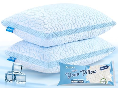 QUTOOL Double Sided Cooling Pillow for Hot Sleepers, Shredded Memory Foam Pillows Standard Size Set of 2, Adjustable Soft & Firm Gel Bed Pillow for Side, Back, Stomach Sleepers