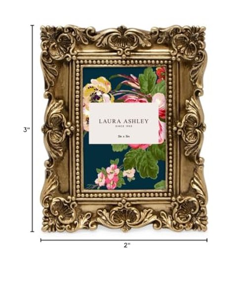 Laura Ashley 2x3 Gold Ornate Textured Hand-Crafted Resin Picture Frame with Easel, for Tabletop & Wall Display, Decorative Floral Design Home Décor, Photo Gallery, Art & More (2x3, Gold)