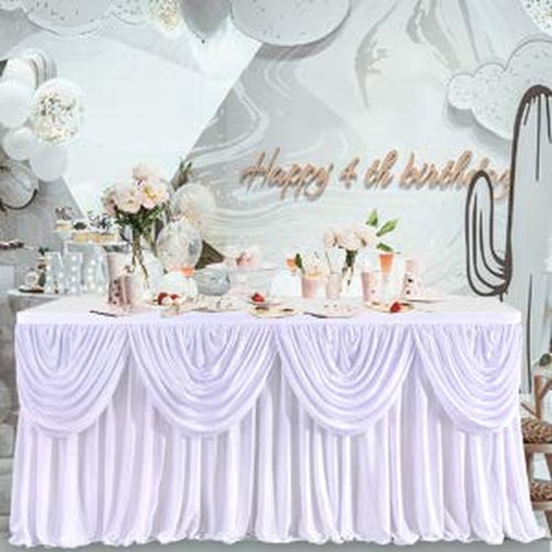gogoparti White Ruffle Table Skirt for Rectangle Tables 14ft White Tutu Tablecloth for Wedding Birthday Party Bridal Banquet