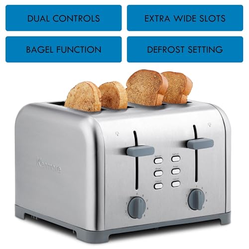 Kenmore Toaster 4 Slice - Extra Wide Slot Countertop Kitchen Appliance, Defrost Function, Grille-Pain, 9 Shade Settings, Compact Design, Easy Clean Crumb Tray, Bread Bagel, Stainless Steel