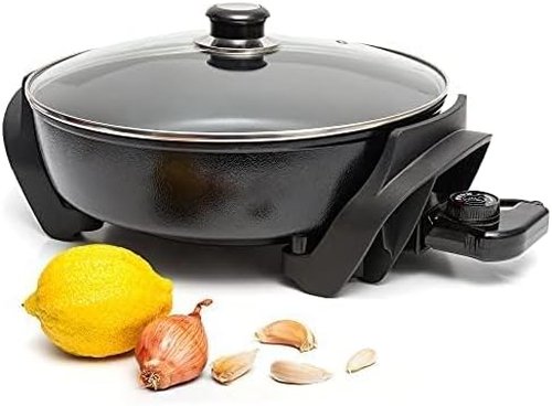 Moss & Stone Round Electric Skillet - 12-Inch Nonstick Frying Pan with Vented Glass Lid & Adjustable Temperature Control